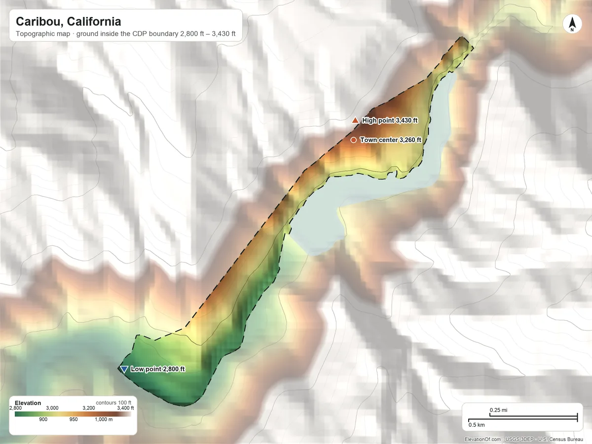 Topographic elevation map of Caribou, California, shaded from 2,800 ft on the southwest side to 3,430 ft on the north edge, below higher ground just outside