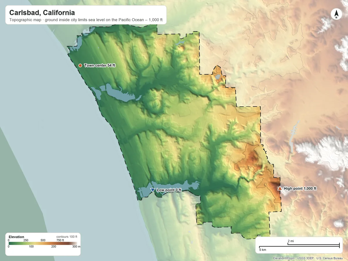 Topographic elevation map of Carlsbad, California, shaded from sea level level on the Pacific Ocean to 1,000 ft on the southeast side