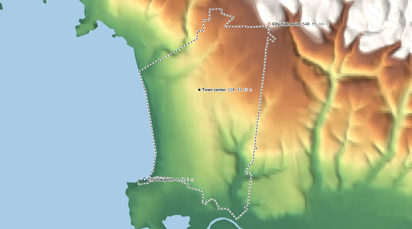 Topographic elevation map of Carmel-by-the-Sea, California, shaded from 4 ft on the southwest side to 540 ft on the northeast edge, below higher ground just outside