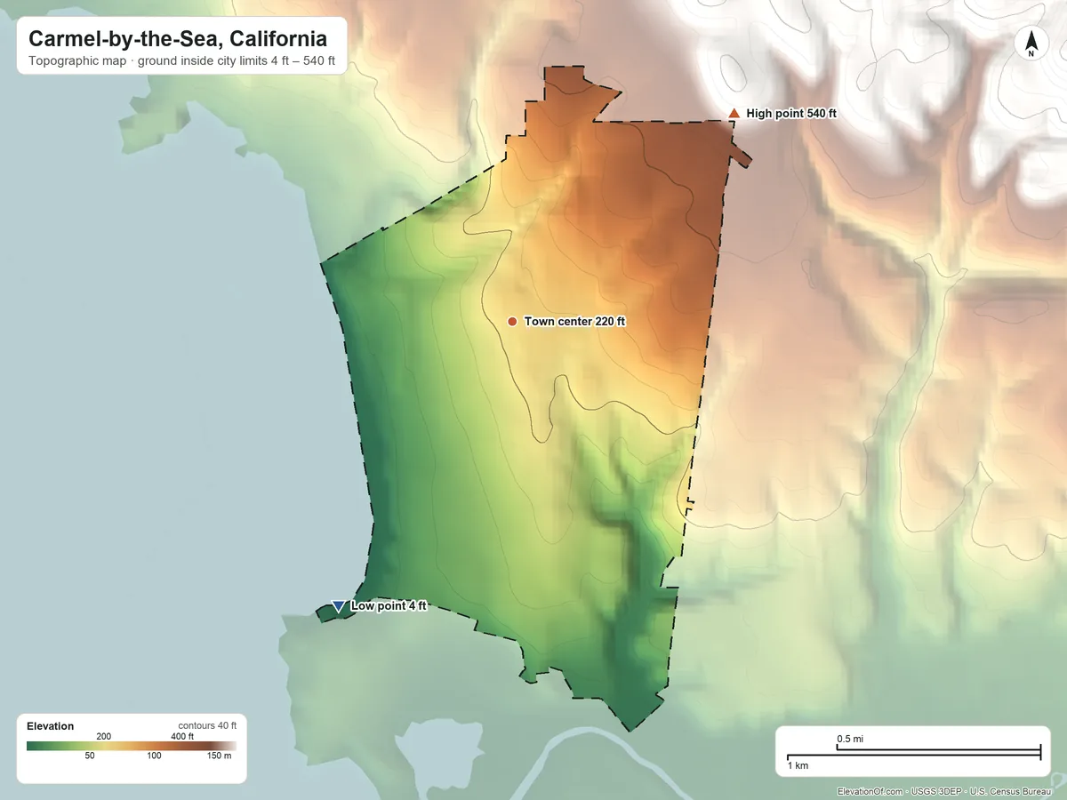 Topographic elevation map of Carmel-by-the-Sea, California, shaded from 4 ft on the southwest side to 540 ft on the northeast edge, below higher ground just outside