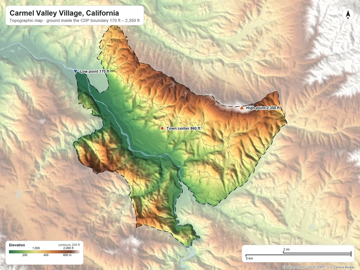 Topographic elevation map of Carmel Valley Village, California, shaded from 170 ft on the northwest side to 2,350 ft on the east side