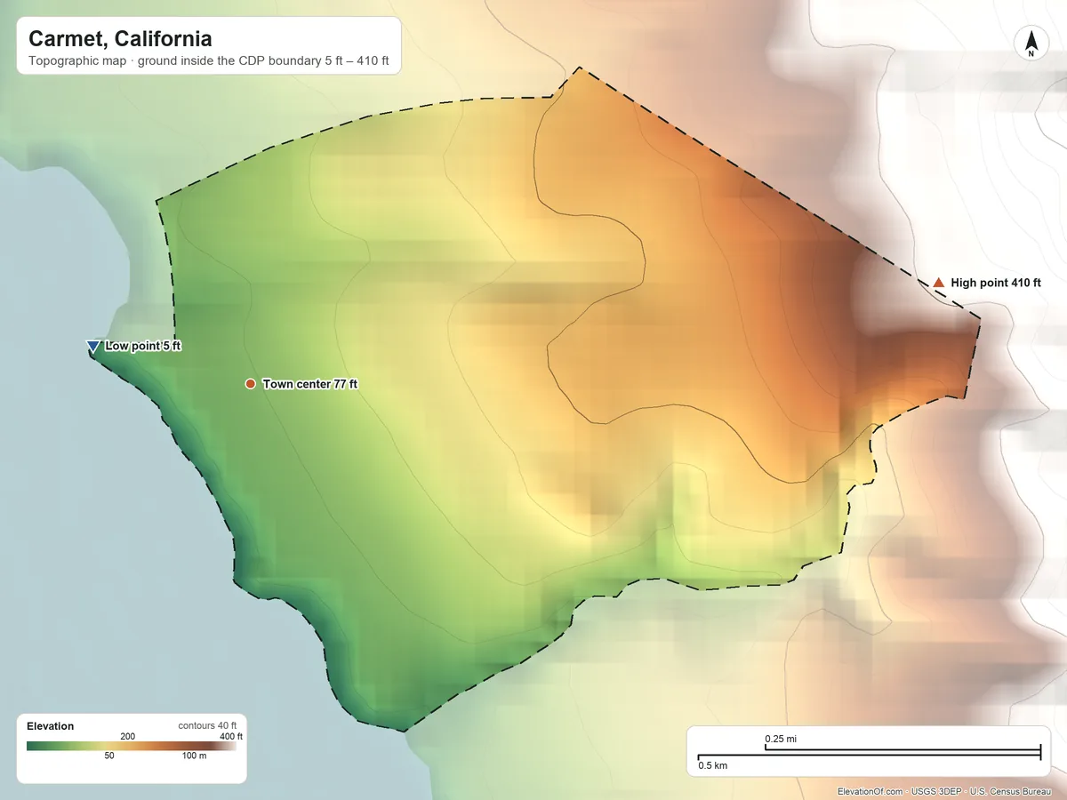 Topographic elevation map of Carmet, California, shaded from 5 ft on the west side to 410 ft on the east edge, below higher ground just outside