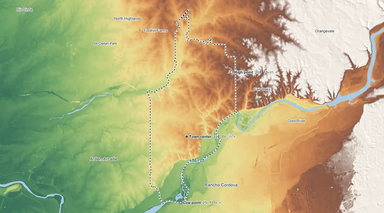Topographic elevation map of Carmichael, California, shaded from 25 ft on the south side to 210 ft on the northeast side