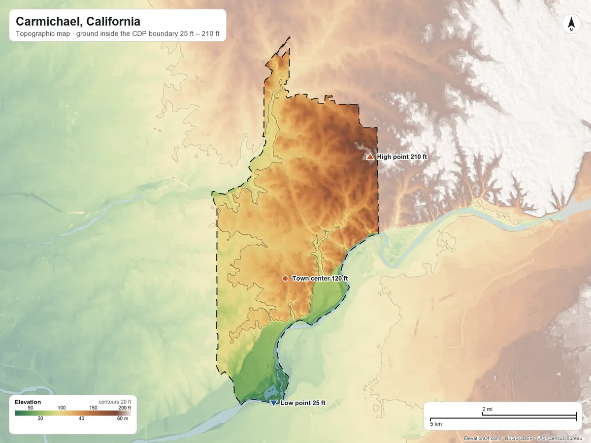 Topographic elevation map of Carmichael, California, shaded from 25 ft on the south side to 210 ft on the northeast side