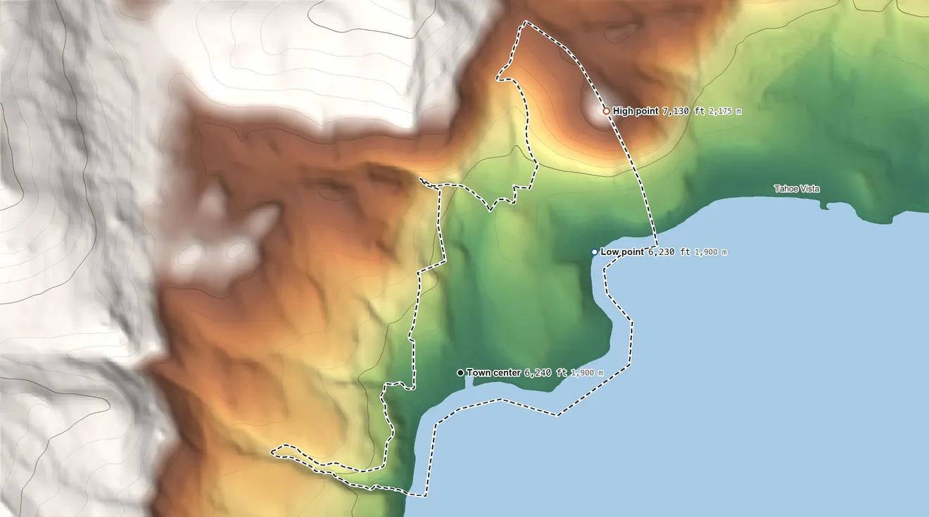 Topographic elevation map of Carnelian Bay, California, shaded from 6,230 ft on the northeast side to 7,130 ft at the foot of the Sagehen Hills
