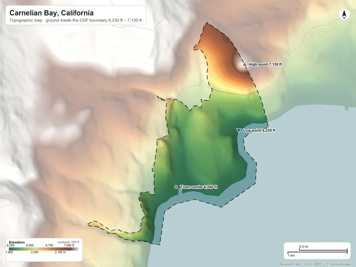 Topographic elevation map of Carnelian Bay, California, shaded from 6,230 ft on the northeast side to 7,130 ft at the foot of the Sagehen Hills