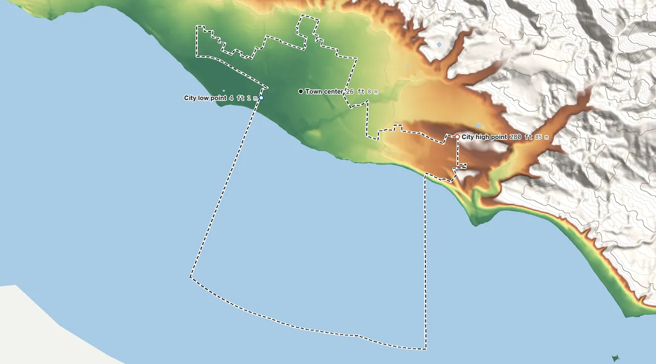 Topographic elevation map of Carpinteria, California, shaded from 4 ft near the middle to 280 ft at the foot of the Santa Ynez Mountains