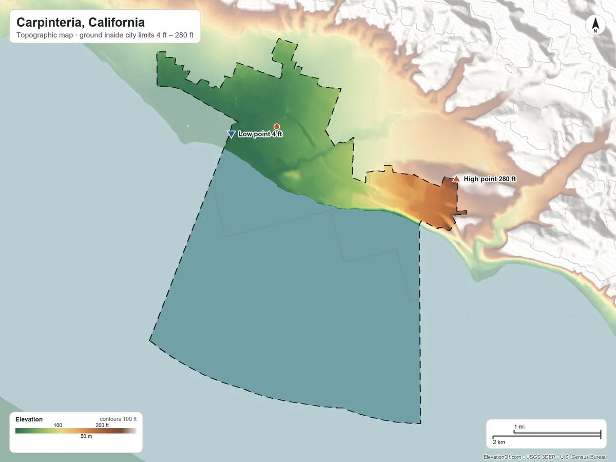 Topographic elevation map of Carpinteria, California, shaded from 4 ft near the middle to 280 ft at the foot of the Santa Ynez Mountains