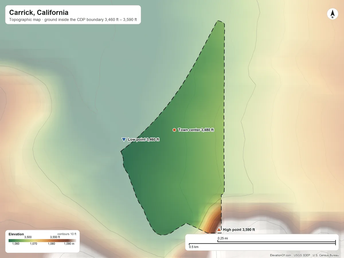Topographic elevation map of Carrick, California, shaded from 3,460 ft on the west side to 3,590 ft at the foot of The Eddys