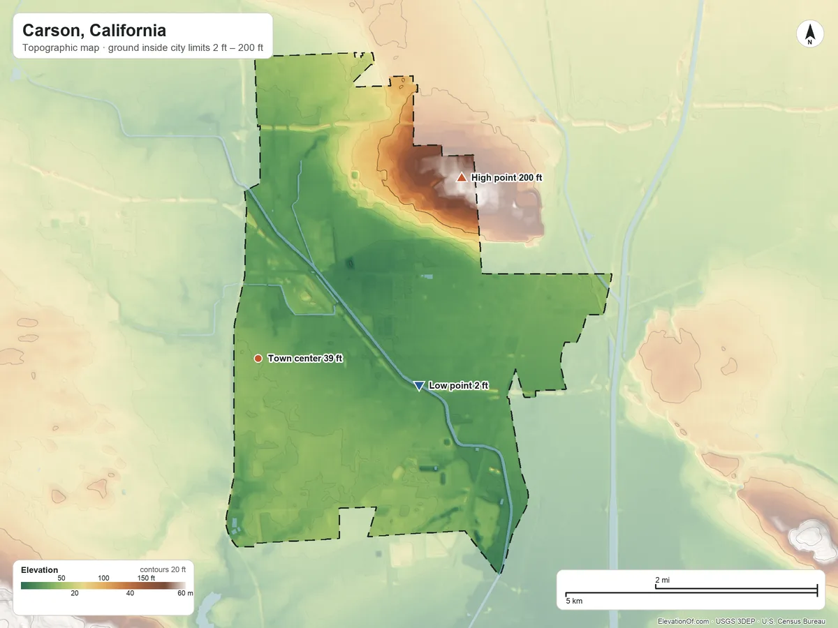 Topographic elevation map of Carson, California, shaded from 2 ft on the east side to 200 ft on the northeast side