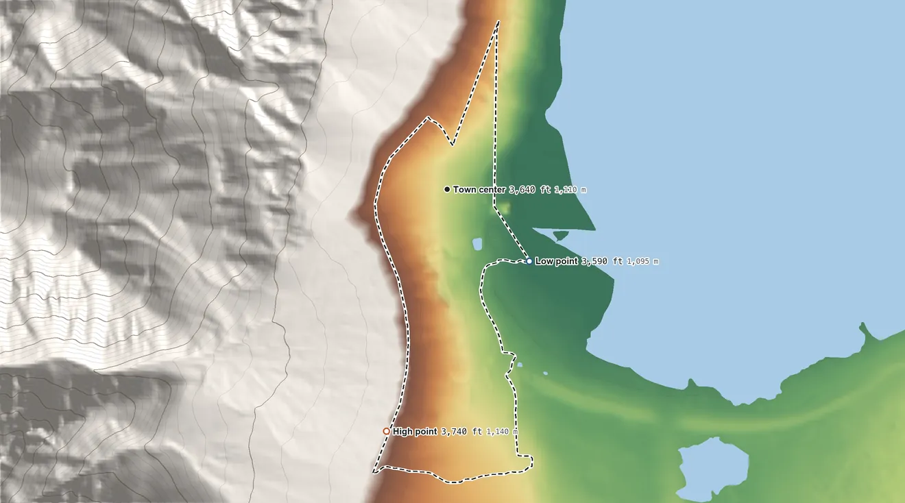 Topographic elevation map of Cartago, California, shaded from 3,590 ft on the southeast side to 3,740 ft at the foot of the Coso Range