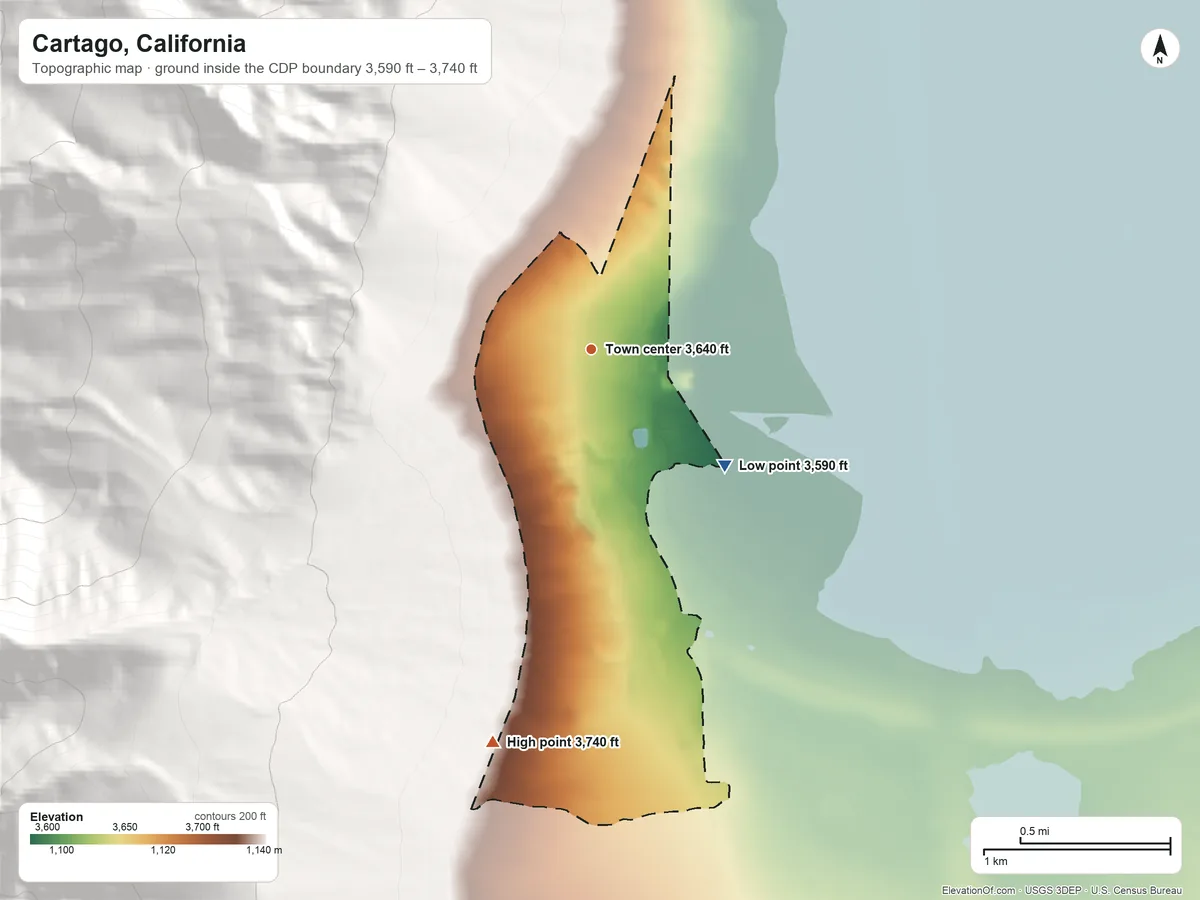 Topographic elevation map of Cartago, California, shaded from 3,590 ft on the southeast side to 3,740 ft at the foot of the Coso Range