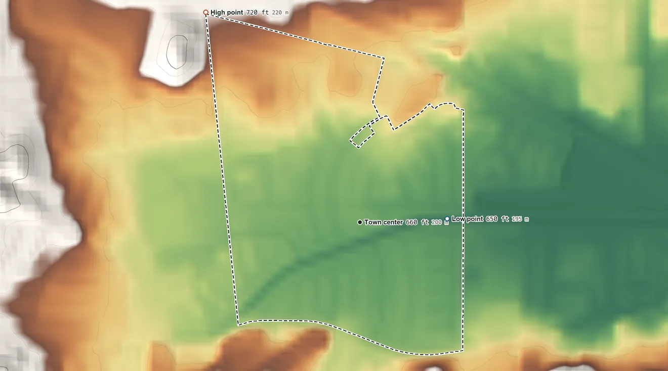 Topographic elevation map of Casa Conejo, California, shaded from 650 ft on the east side to 720 ft at the foot of the Simi Hills