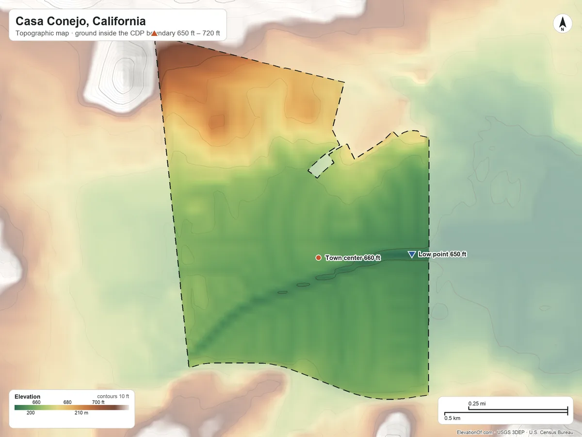 Topographic elevation map of Casa Conejo, California, shaded from 650 ft on the east side to 720 ft at the foot of the Simi Hills