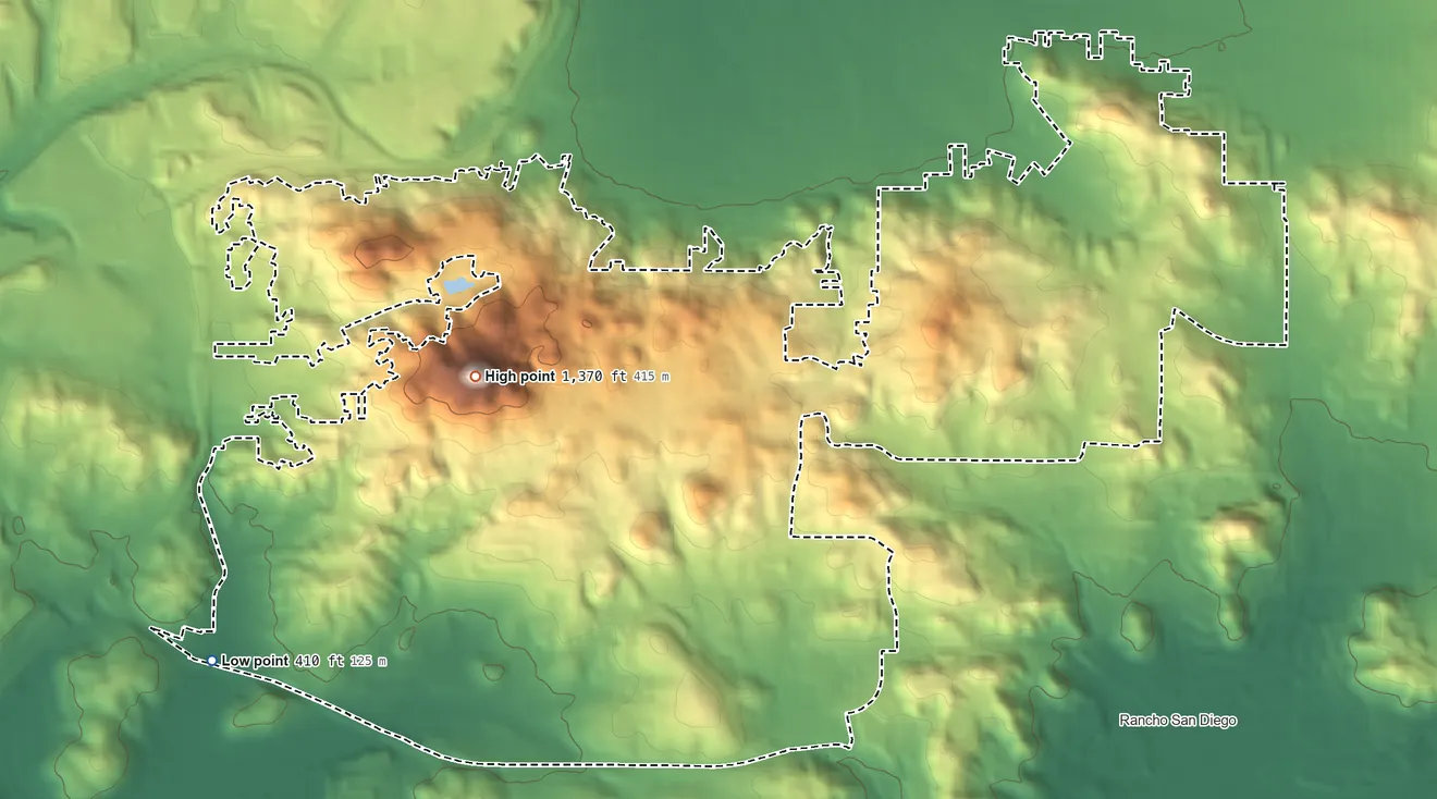 Topographic elevation map of Casa de Oro-Mount Helix, California, shaded from 410 ft on the southwest side to 1,370 ft on Mount Helix