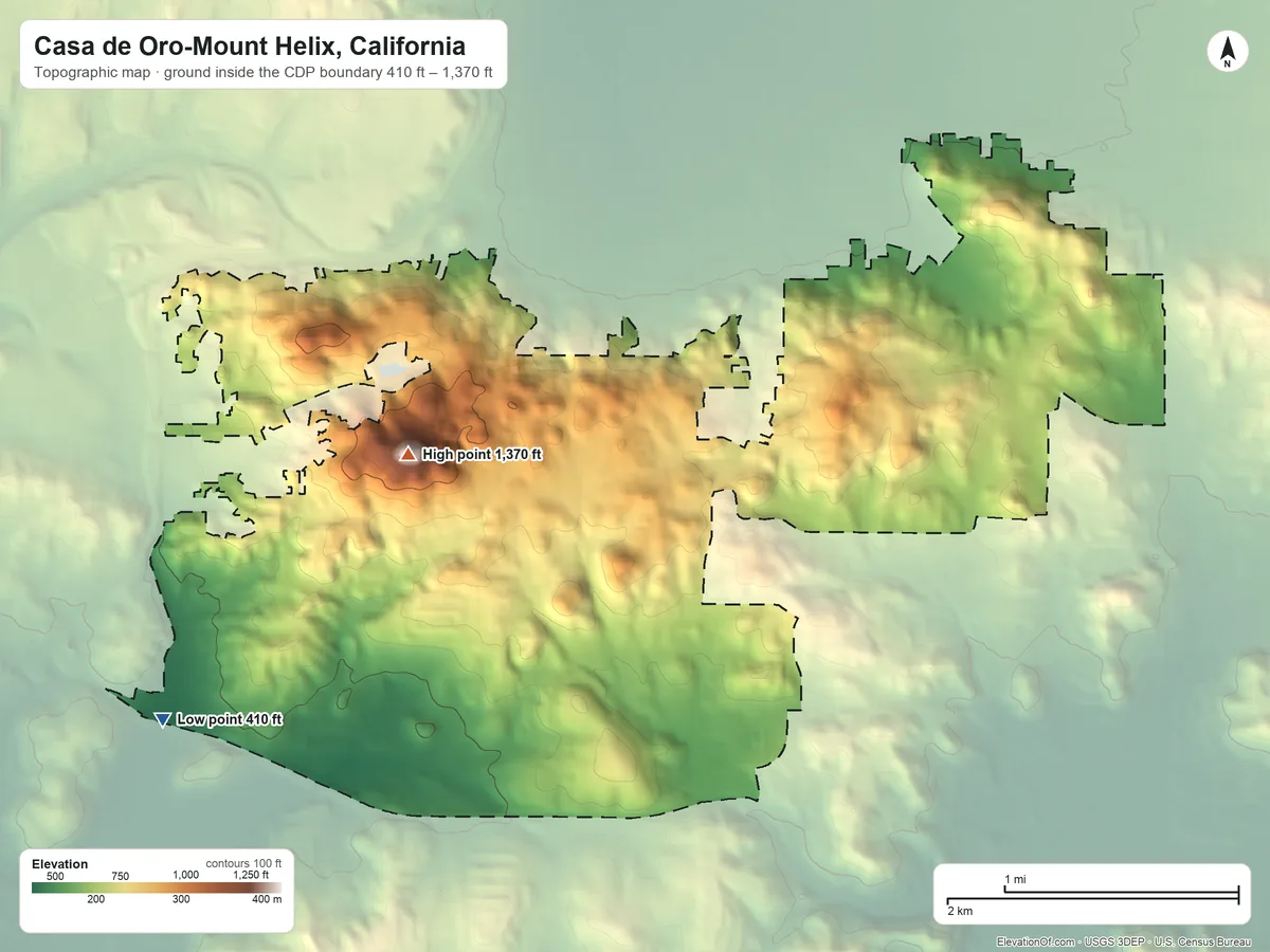 Topographic elevation map of Casa de Oro-Mount Helix, California, shaded from 410 ft on the southwest side to 1,370 ft on Mount Helix