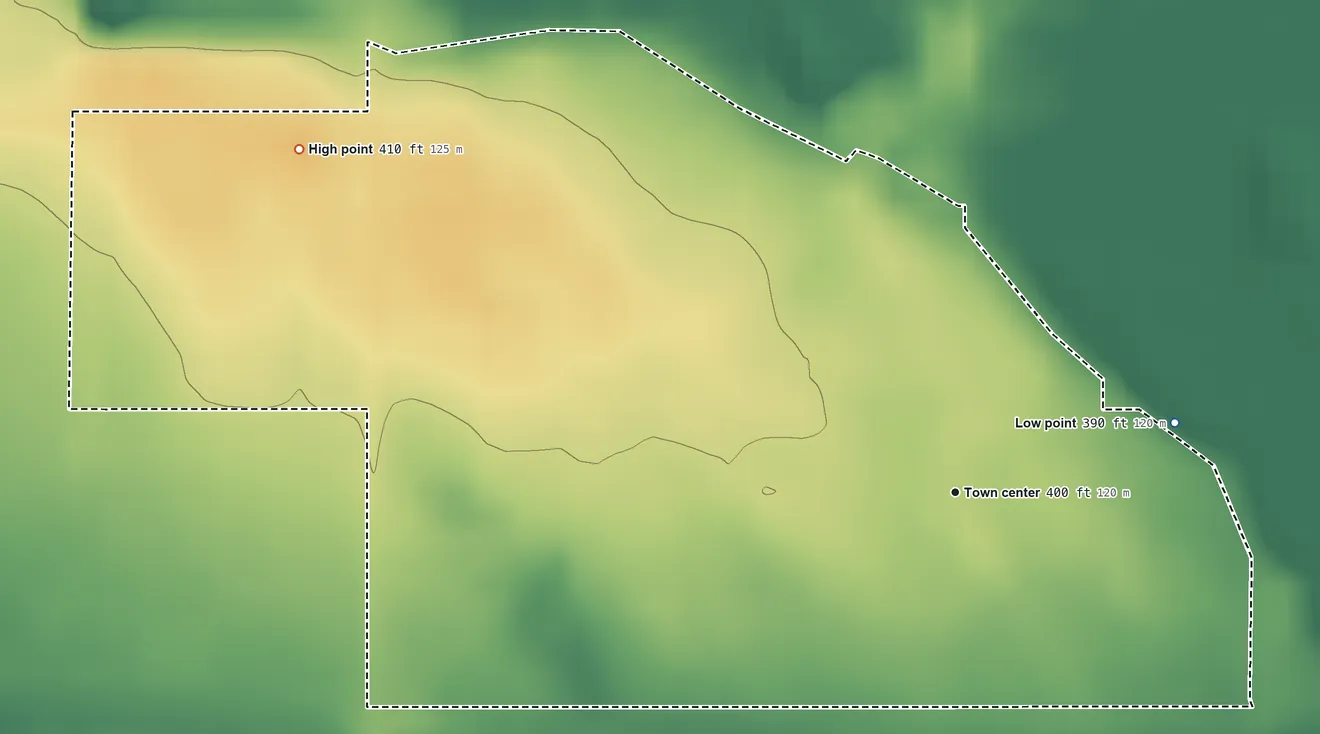 Topographic elevation map of Casa Loma, California, shaded from 390 ft on the east side to 410 ft on the northwest side