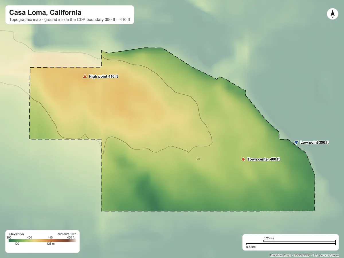 Topographic elevation map of Casa Loma, California, shaded from 390 ft on the east side to 410 ft on the northwest side