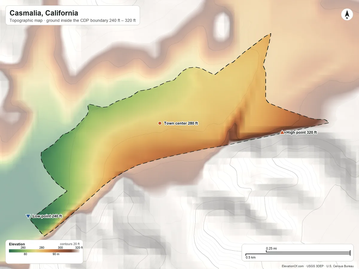 Topographic elevation map of Casmalia, California, shaded from 240 ft on the southwest side to 320 ft at the foot of the Casmalia Hills