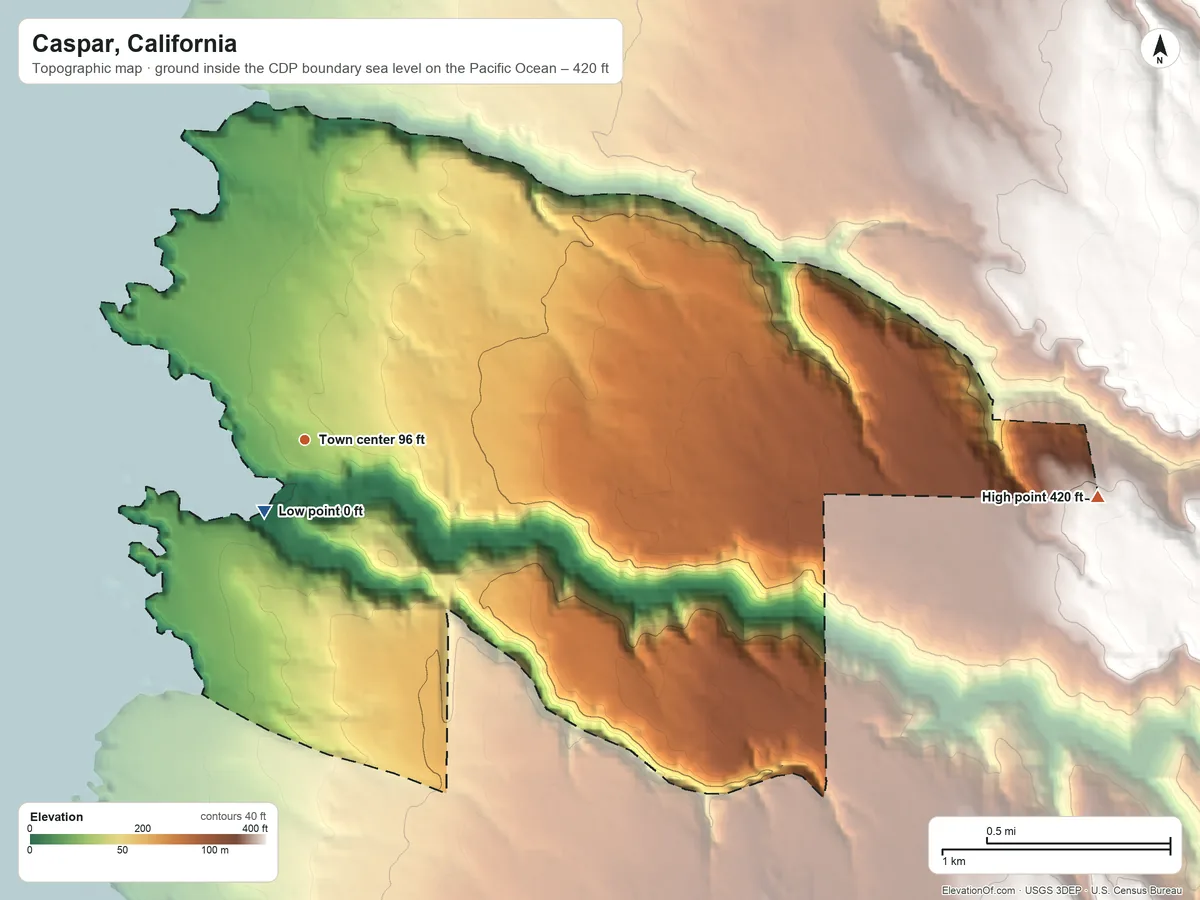 Topographic elevation map of Caspar, California, shaded from sea level level on the Pacific Ocean to 420 ft on the east edge, below higher ground just outside