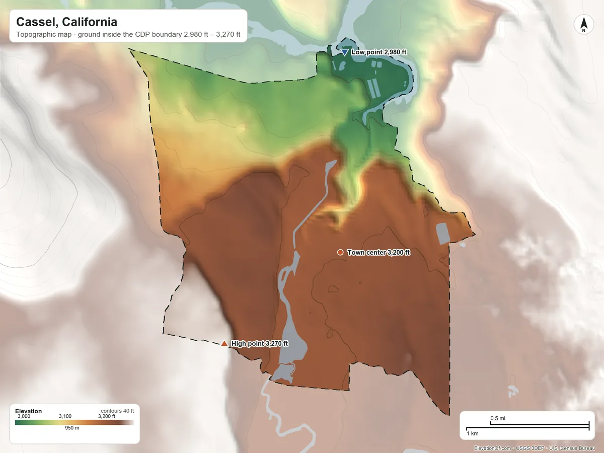 Topographic elevation map of Cassel, California, shaded from 2,980 ft on the north side to 3,270 ft on the southwest edge, below higher ground just outside