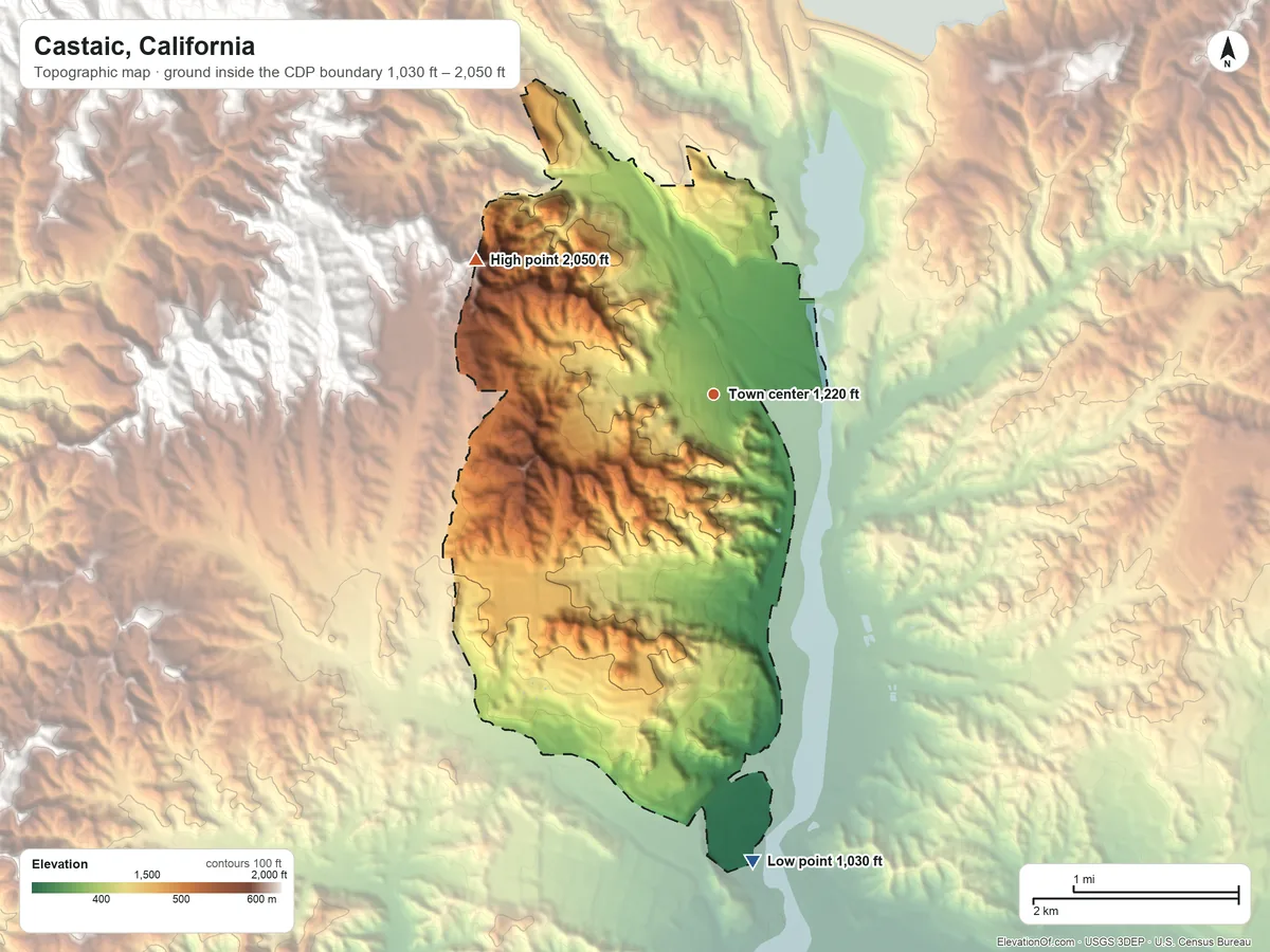 Topographic elevation map of Castaic, California, shaded from 1,030 ft on the south side to 2,050 ft at the foot of the Santa Susana Mountains