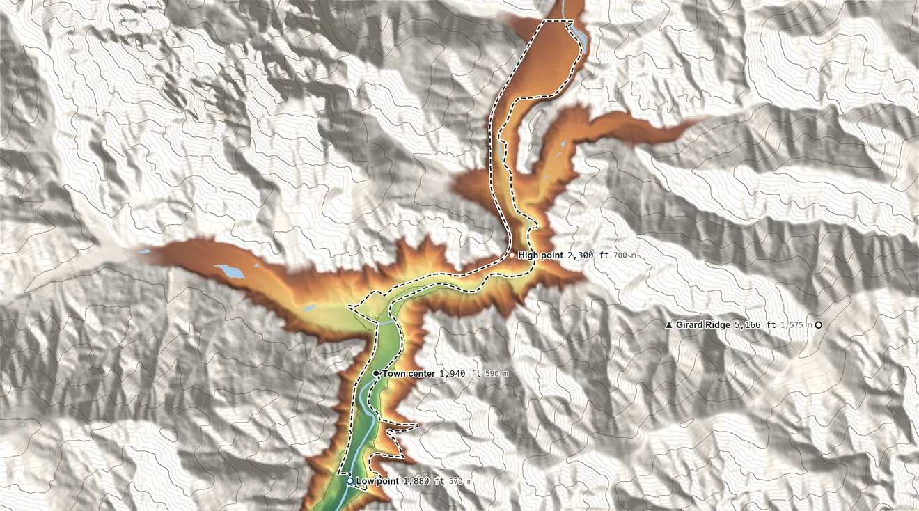 Topographic elevation map of Castella, California, shaded from 1,880 ft on the south side to 2,300 ft at the foot of The Eddys