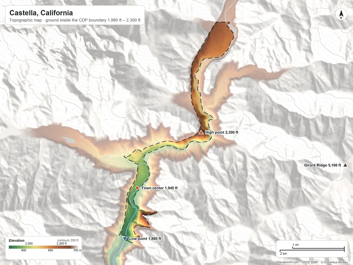 Topographic elevation map of Castella, California, shaded from 1,880 ft on the south side to 2,300 ft at the foot of The Eddys