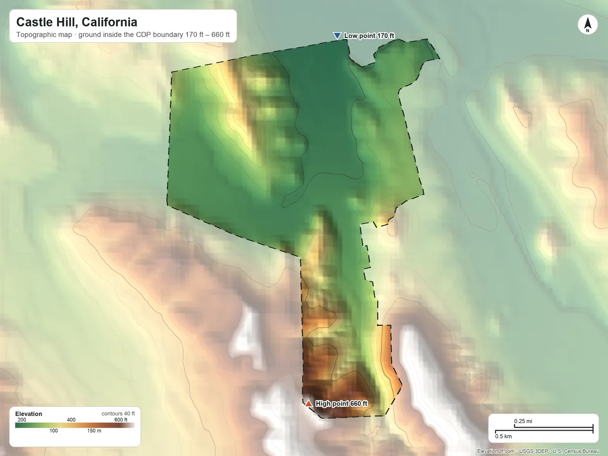Topographic elevation map of Castle Hill, California, shaded from 170 ft on the north side to 660 ft at the foot of the San Leandro Hills