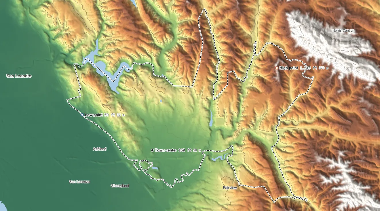 Topographic elevation map of Castro Valley, California, shaded from 39 ft on the northwest side to 1,210 ft at the foot of the Dougherty Hills