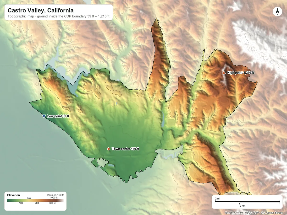 Topographic elevation map of Castro Valley, California, shaded from 39 ft on the northwest side to 1,210 ft at the foot of the Dougherty Hills