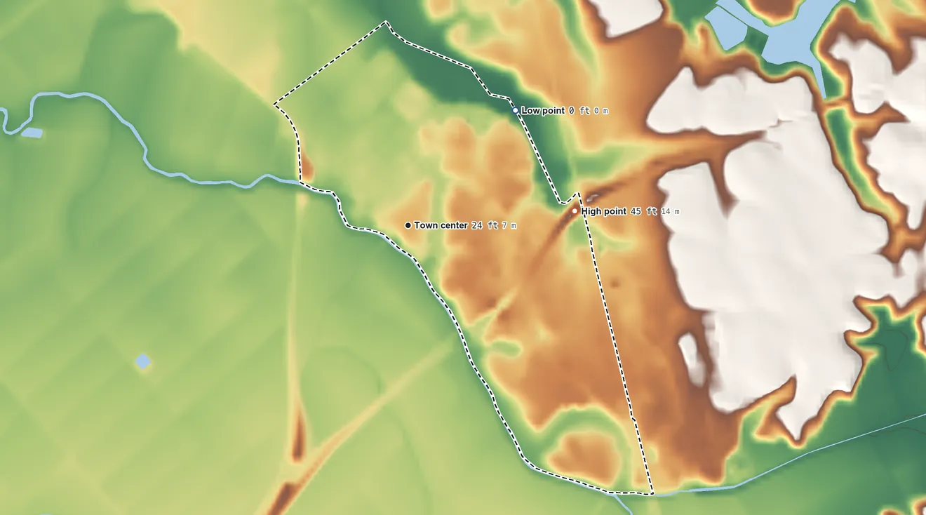 Topographic elevation map of Castroville, California, shaded from 0 ft on the northeast side to 45 ft on the east side