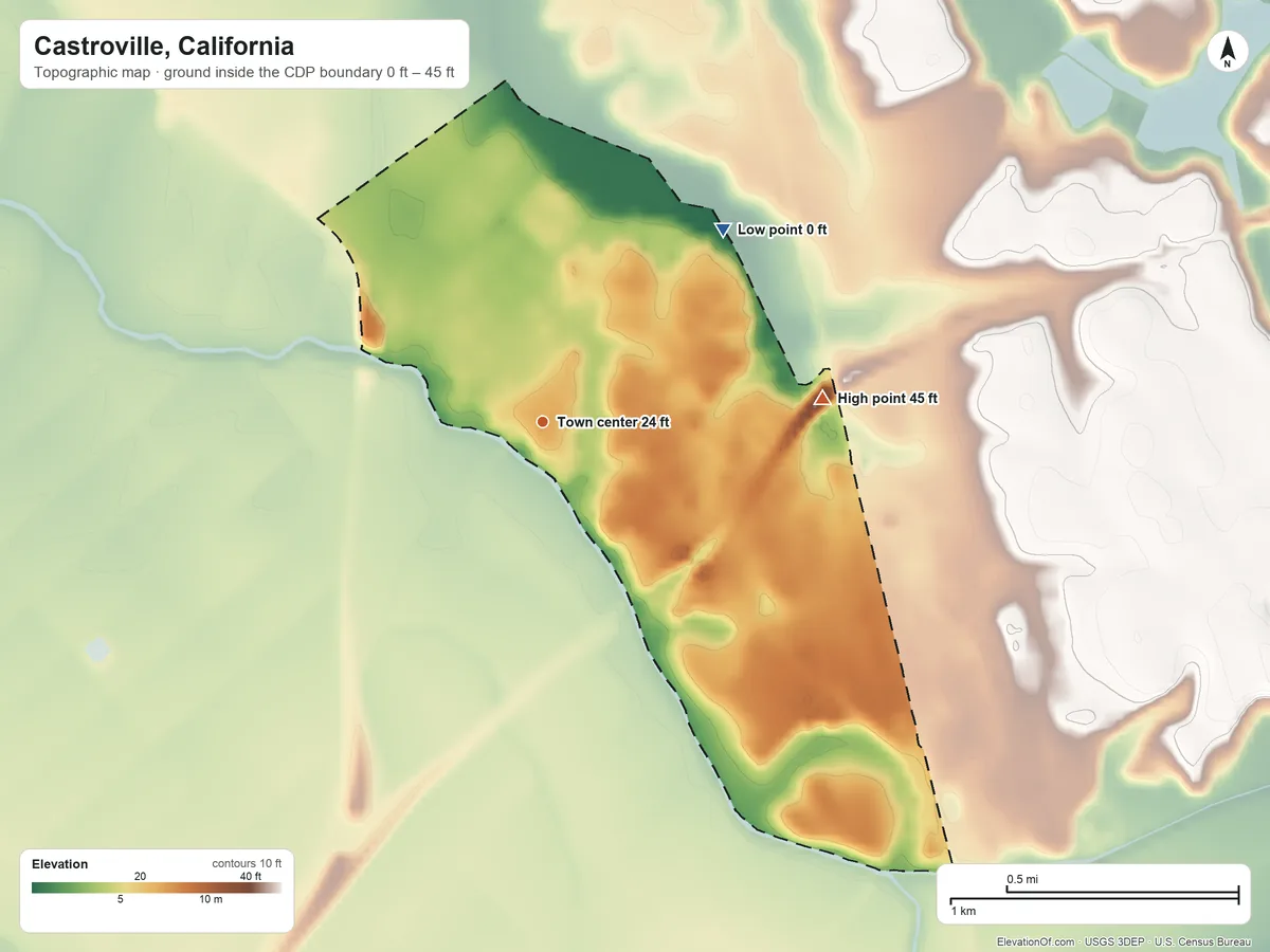 Topographic elevation map of Castroville, California, shaded from 0 ft on the northeast side to 45 ft on the east side
