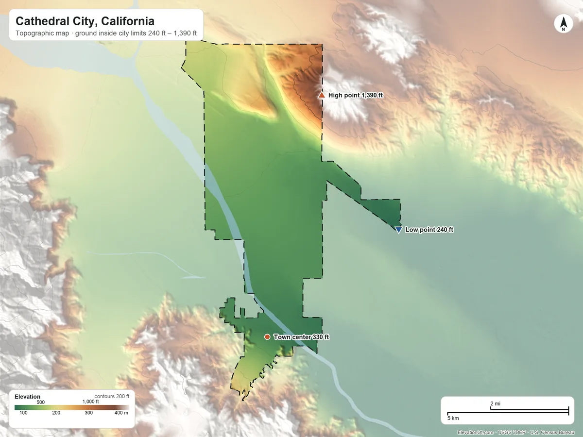 Topographic elevation map of Cathedral City, California, shaded from 240 ft on the northeast side to 1,390 ft on the north side