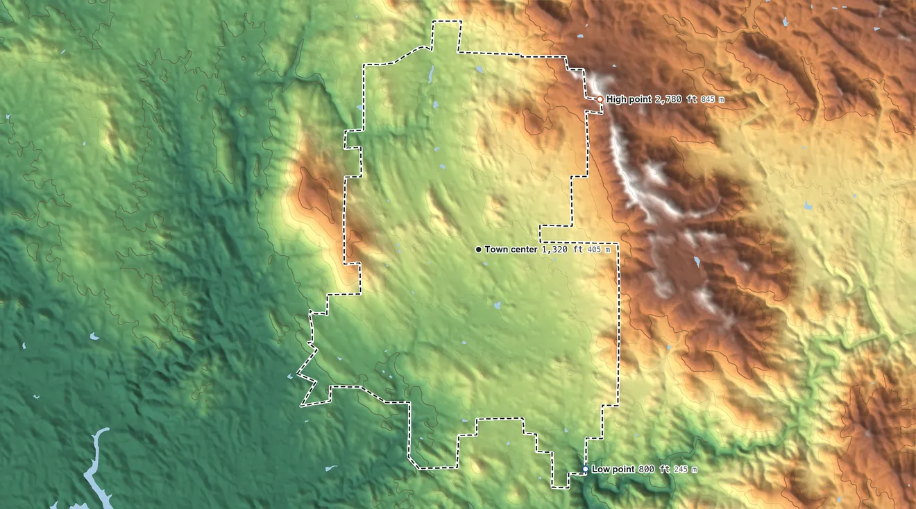Topographic elevation map of Catheys Valley, California, shaded from 800 ft on the southeast side to 2,780 ft on the northeast side