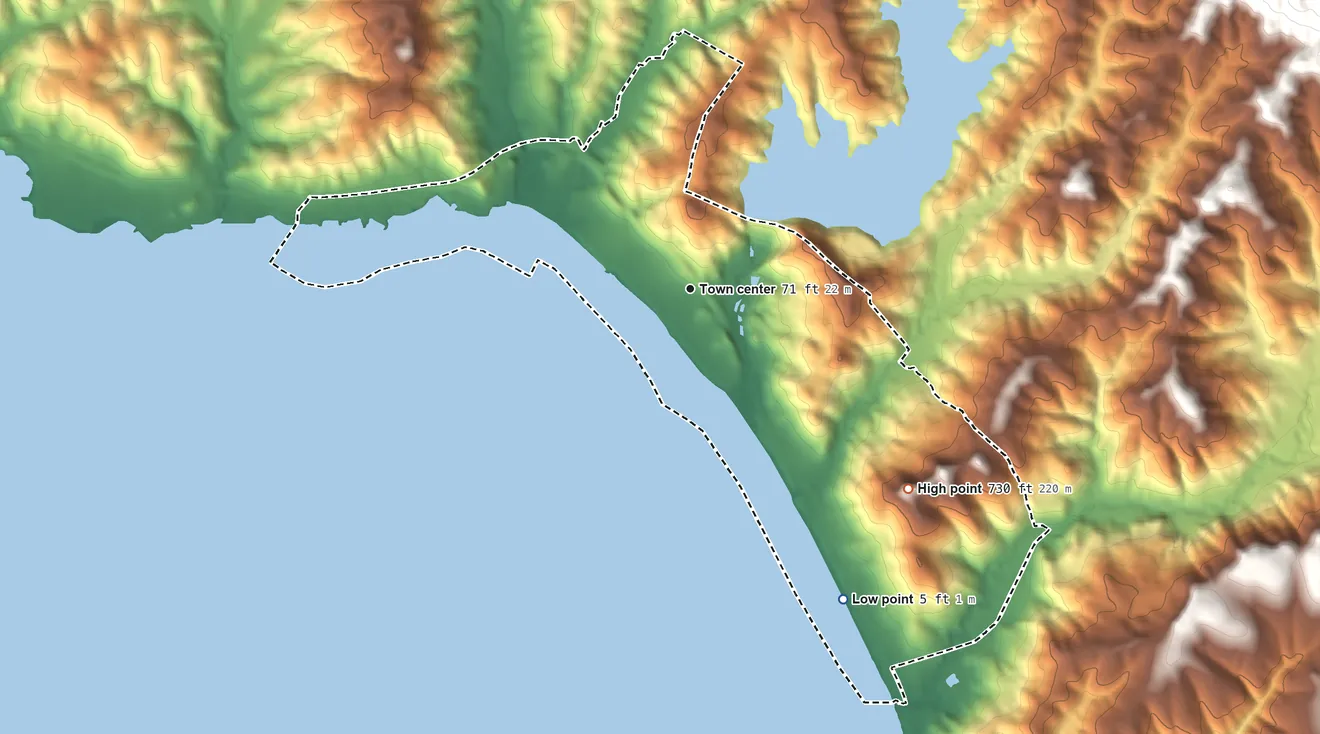 Topographic elevation map of Cayucos, California, shaded from 5 ft on the southeast side to 730 ft on the southeast side