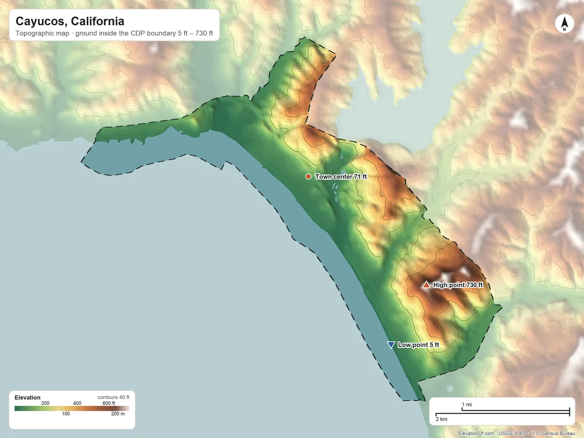 Topographic elevation map of Cayucos, California, shaded from 5 ft on the southeast side to 730 ft on the southeast side