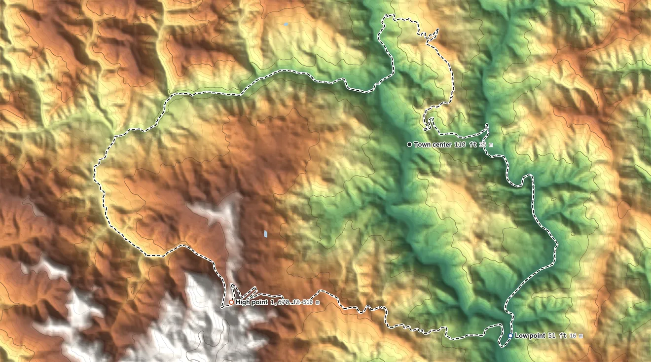 Topographic elevation map of Cazadero, California, shaded from 51 ft on the southeast side to 1,670 ft at the foot of The Girdle