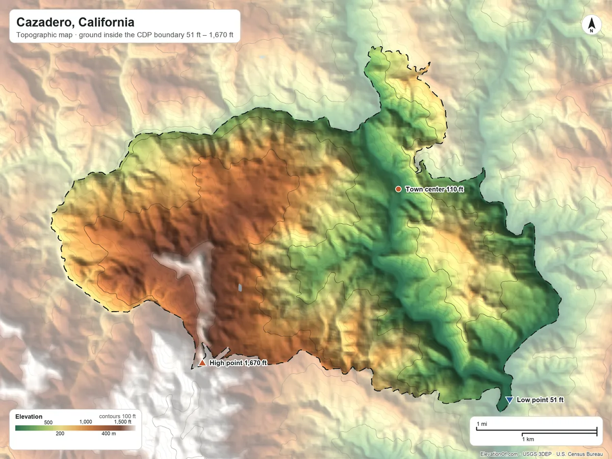 Topographic elevation map of Cazadero, California, shaded from 51 ft on the southeast side to 1,670 ft at the foot of The Girdle