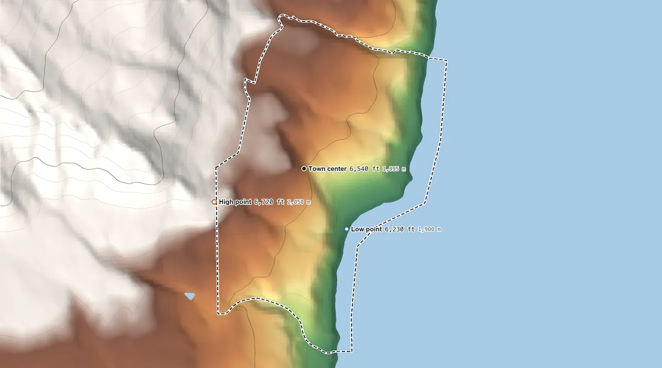 Topographic elevation map of Cedar Flat, California, shaded from 6,230 ft on the southeast side to 6,720 ft on the west edge, below higher ground just outside