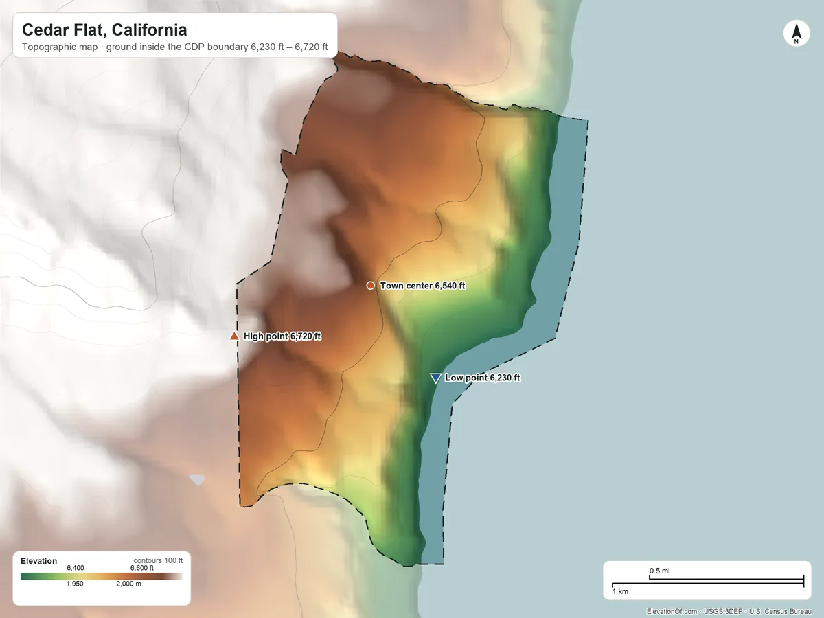 Topographic elevation map of Cedar Flat, California, shaded from 6,230 ft on the southeast side to 6,720 ft on the west edge, below higher ground just outside