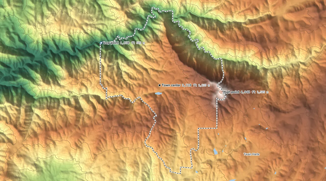 Topographic elevation map of Cedar Ridge, California, shaded from 1,930 ft on the northwest side to 4,942 ft on Elizabeth Peak