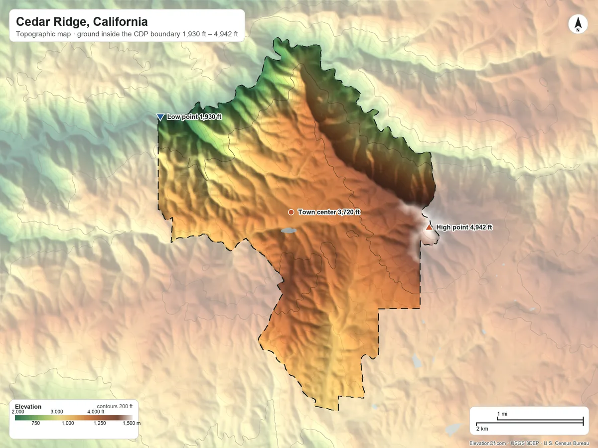 Topographic elevation map of Cedar Ridge, California, shaded from 1,930 ft on the northwest side to 4,942 ft on Elizabeth Peak