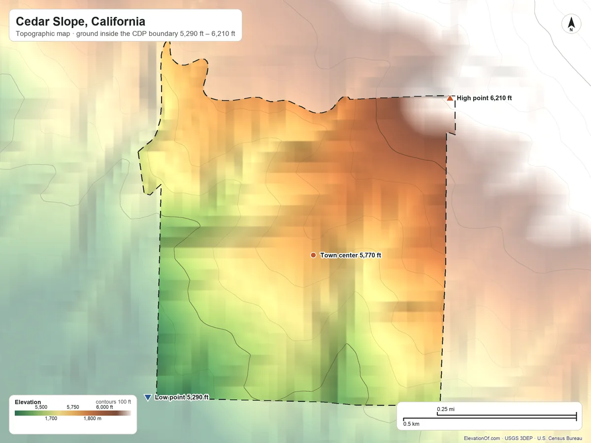 Topographic elevation map of Cedar Slope, California, shaded from 5,290 ft on the southwest side to 6,210 ft on the northeast edge, below higher ground just outside