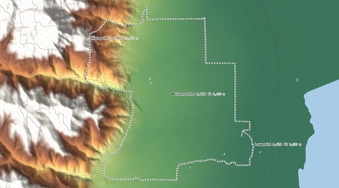Topographic elevation map of Cedarville, California, shaded from 4,520 ft on the southeast side to 5,770 ft on the northwest edge, below higher ground just outside