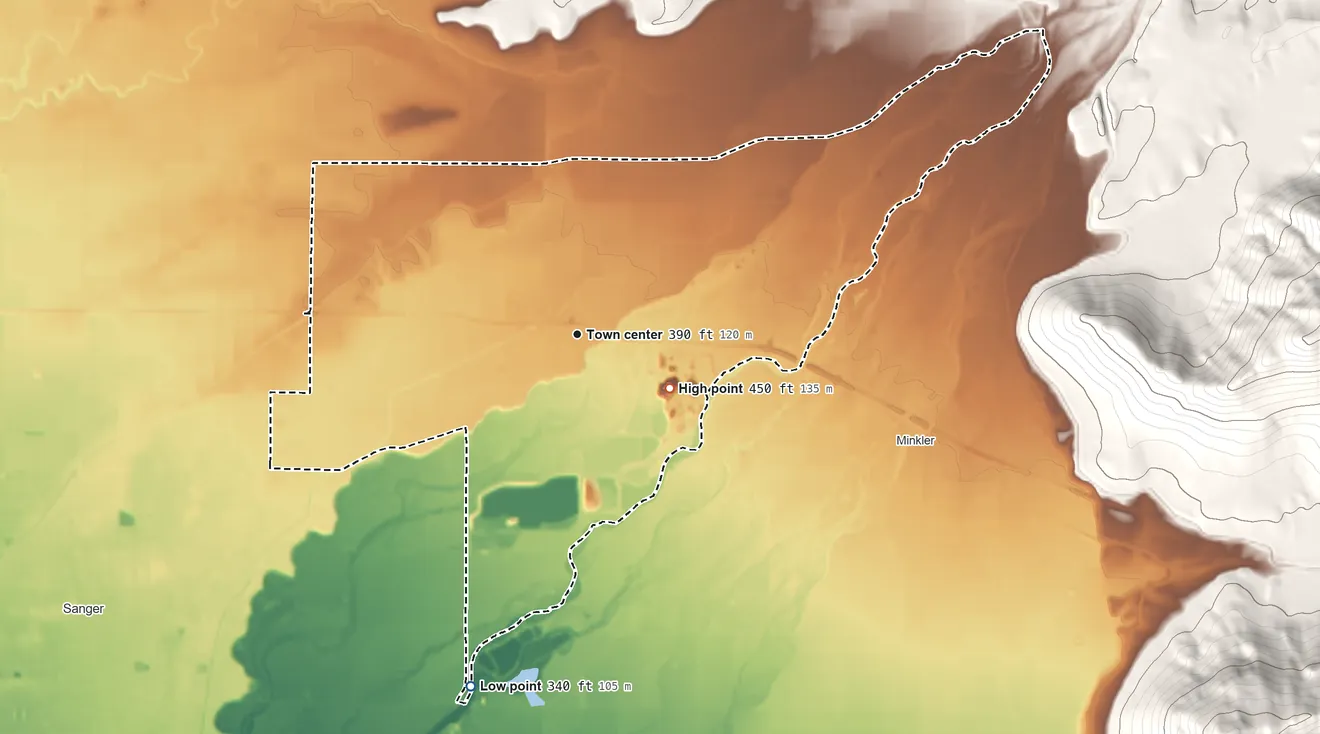 Topographic elevation map of Centerville, Fresno County, California, shaded from 340 ft on the south side to 450 ft on the southeast side