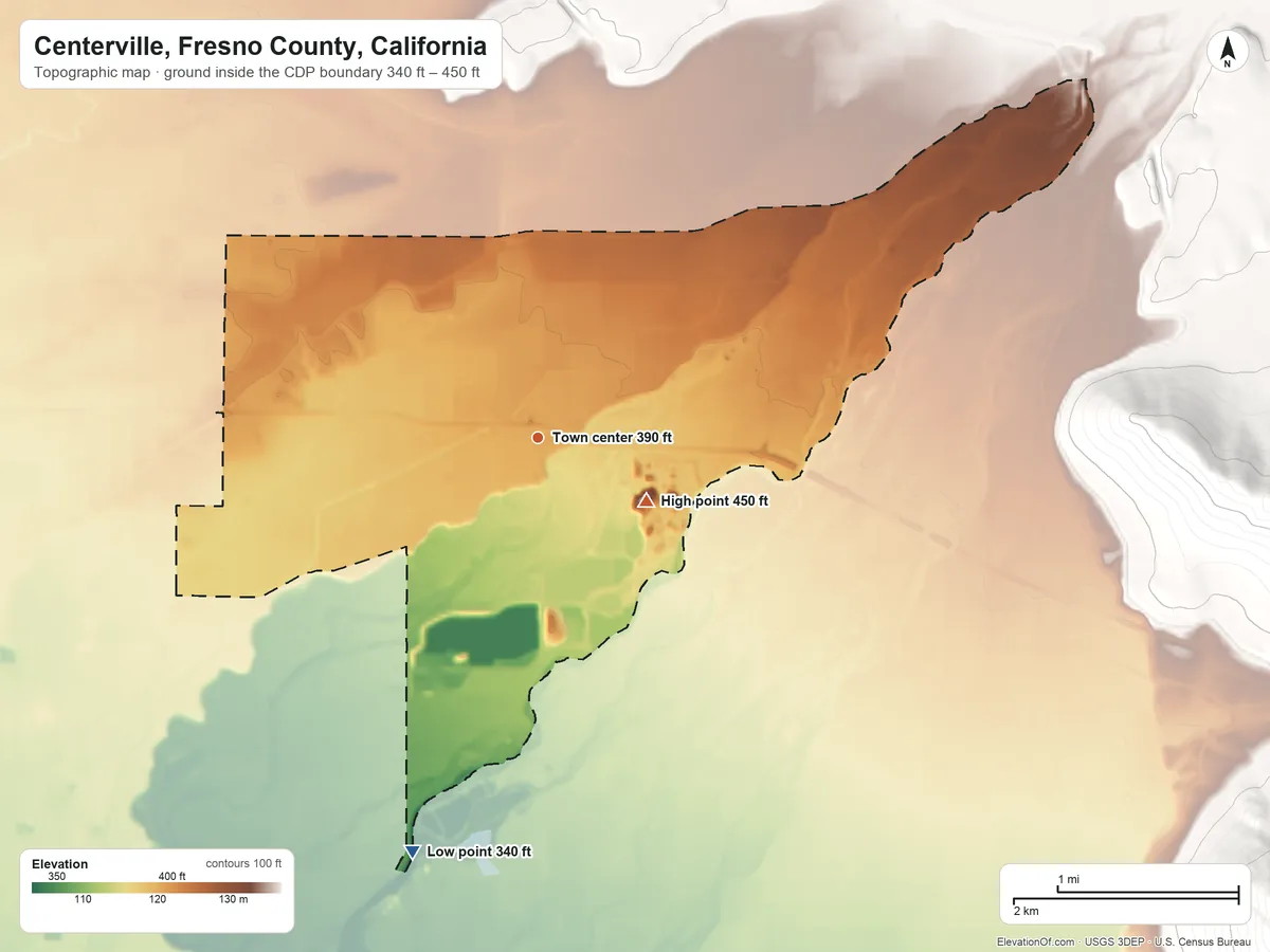 Topographic elevation map of Centerville, Fresno County, California, shaded from 340 ft on the south side to 450 ft on the southeast side