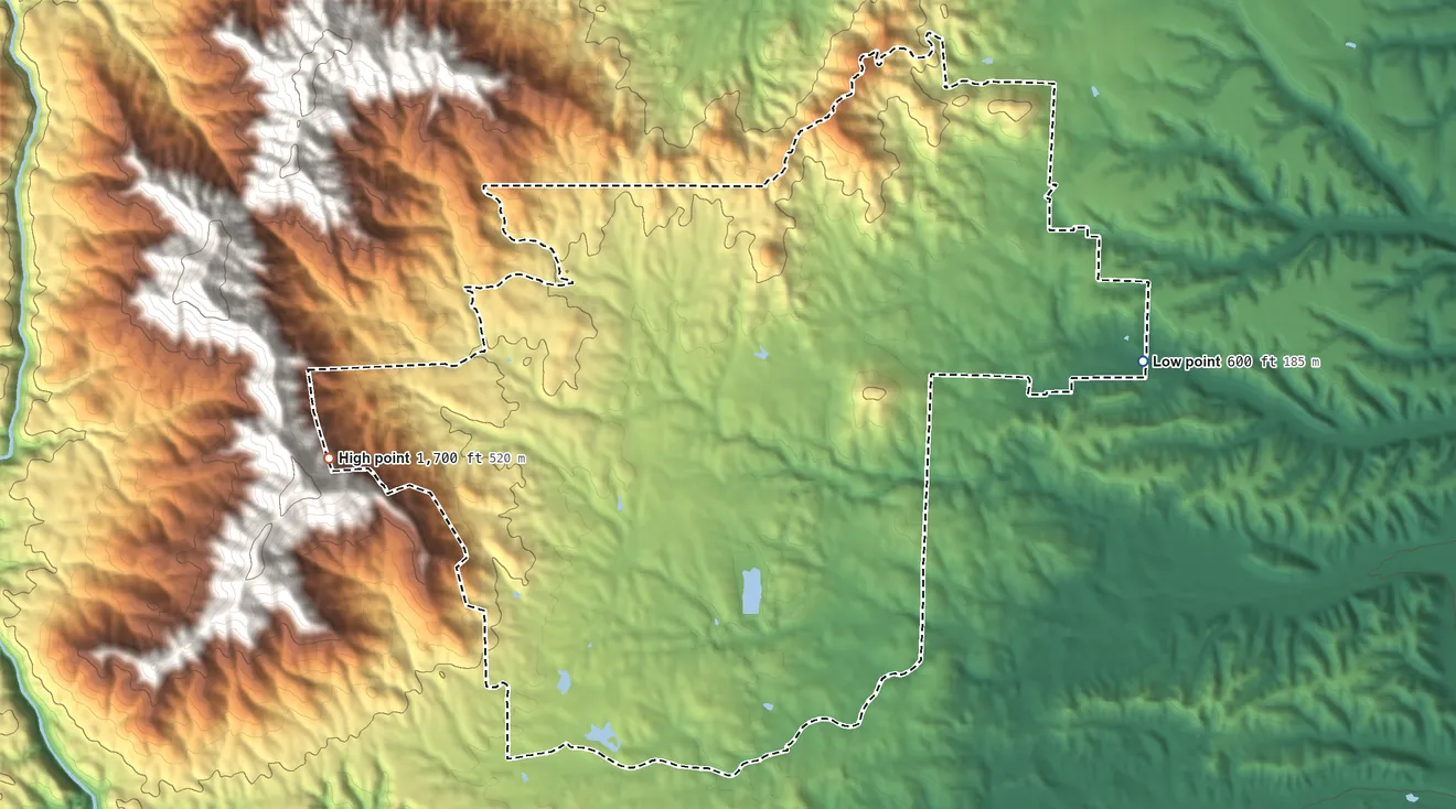Topographic elevation map of Centerville, California, shaded from 600 ft on the east side to 1,700 ft on the west edge, below higher ground just outside