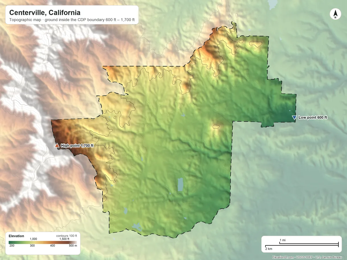 Topographic elevation map of Centerville, California, shaded from 600 ft on the east side to 1,700 ft on the west edge, below higher ground just outside