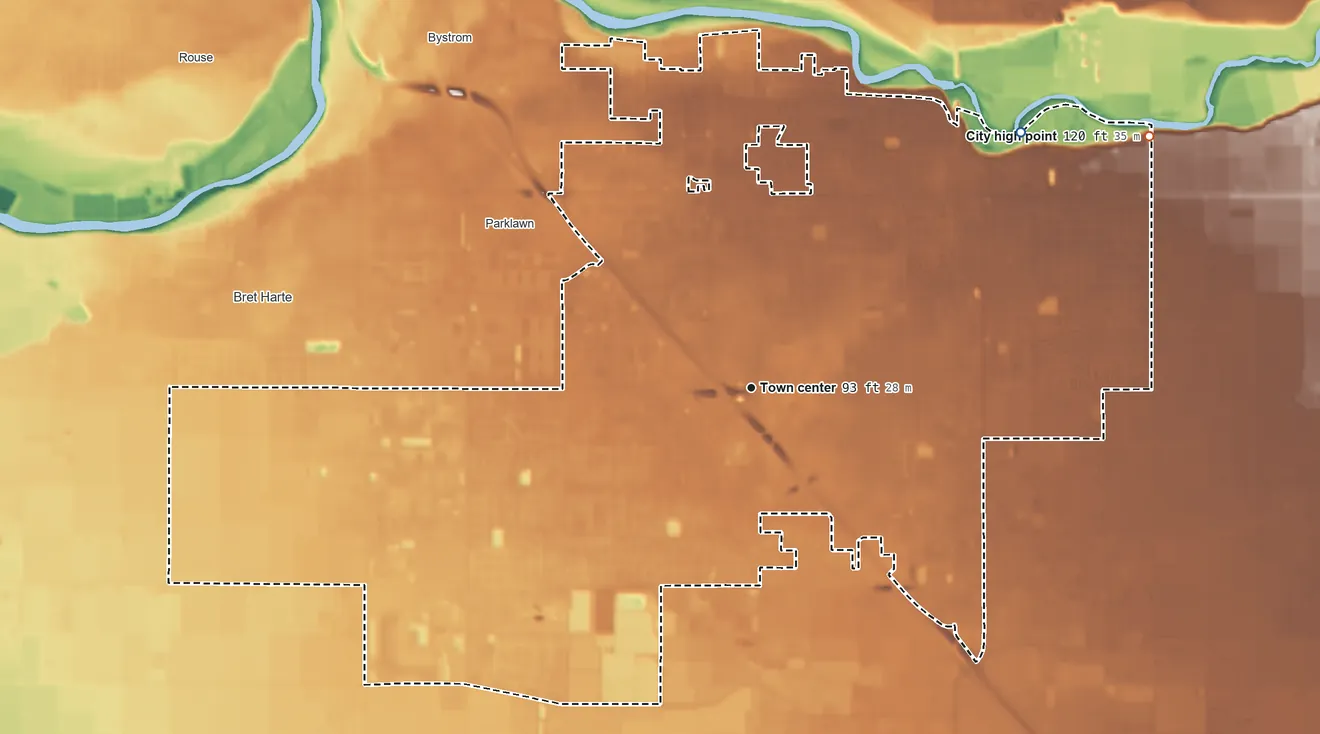 Topographic elevation map of Ceres, California, shaded from 45 ft on the northeast side to 120 ft on the northeast side